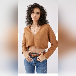 BDG Urban Outfitters Tan V-Neck Cropped Long Sleeve Sweater NWT Large